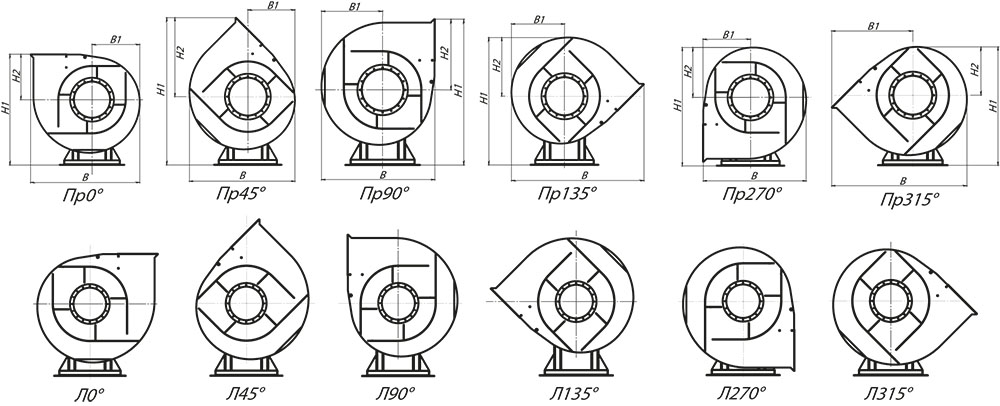 Габаритные и присоединительные размеры пылевого вентилятора ВЦП 7-40 №10, зависящие от положения корпуса